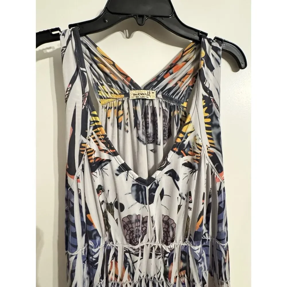 One World Live & Let Live Boho Maxi Dress Sz M Butterfly Sleeveless Hippie - Picture 6 of 7
